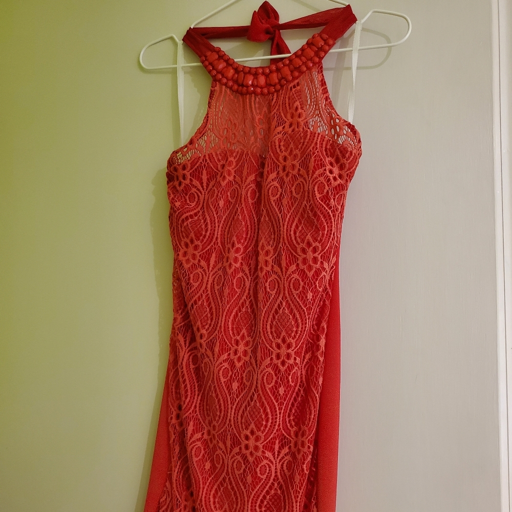 Fancy lacy beaded red dress NWT ties up halter S